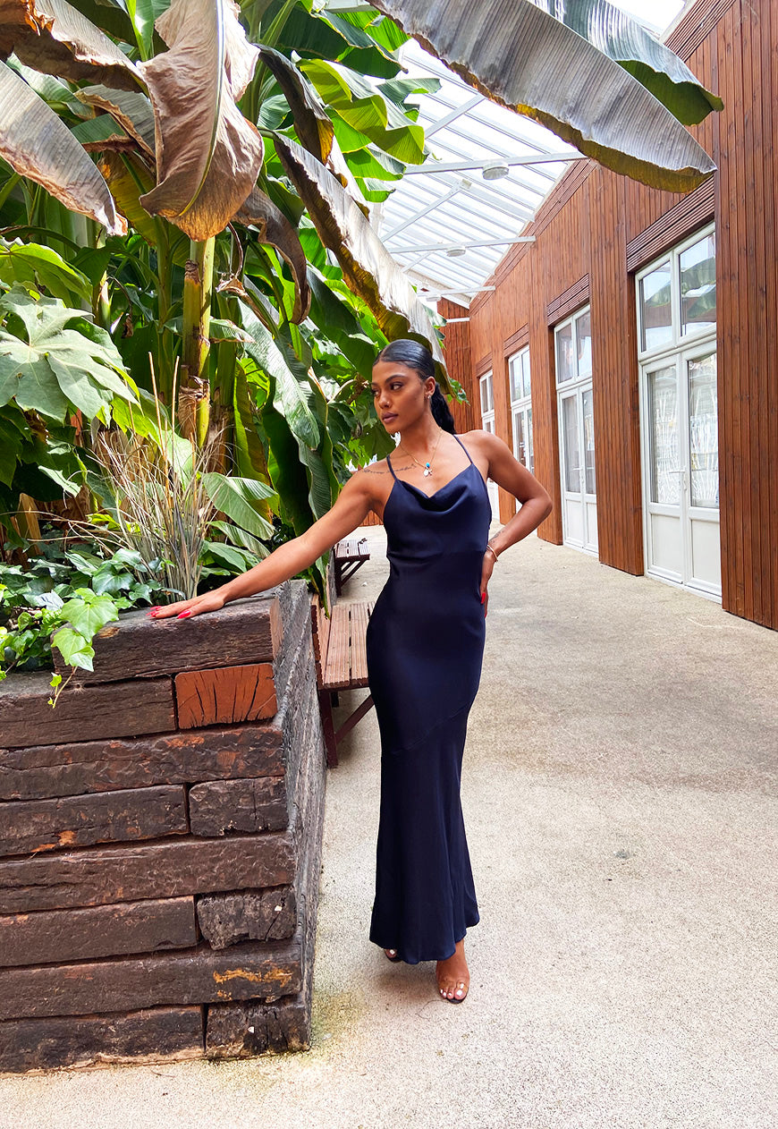navy blue slip dress Satin Maxi This woven textured satin dress begins at a flattering V Navy Satin Lace Slip Midi