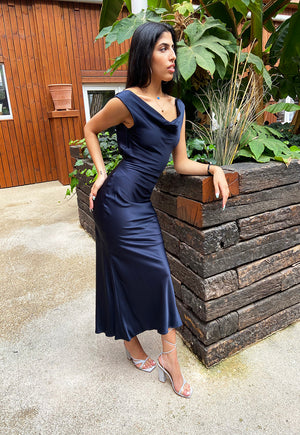 Shollyjaay slip-dress with cowl neck in navy-blue