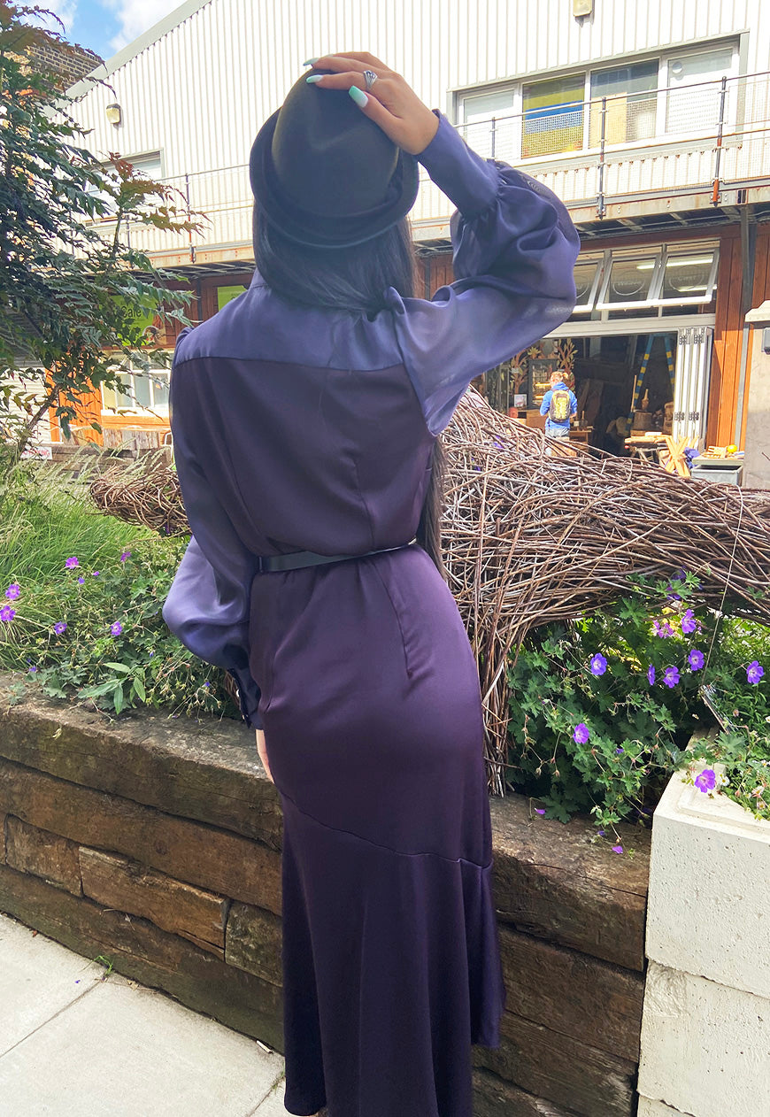 Back view of Shollyjaay's Amelia high-low dress in amethyst colour