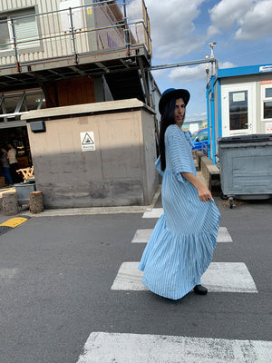 shollyjaay stripped maxi gown in blue