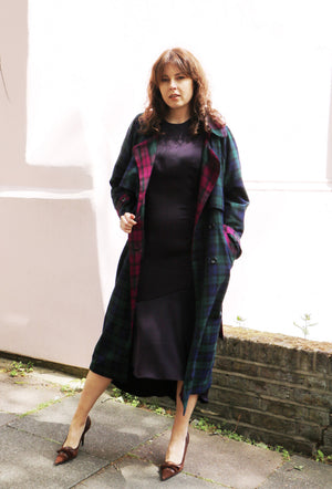 cotton green & purple check pattern trench coat