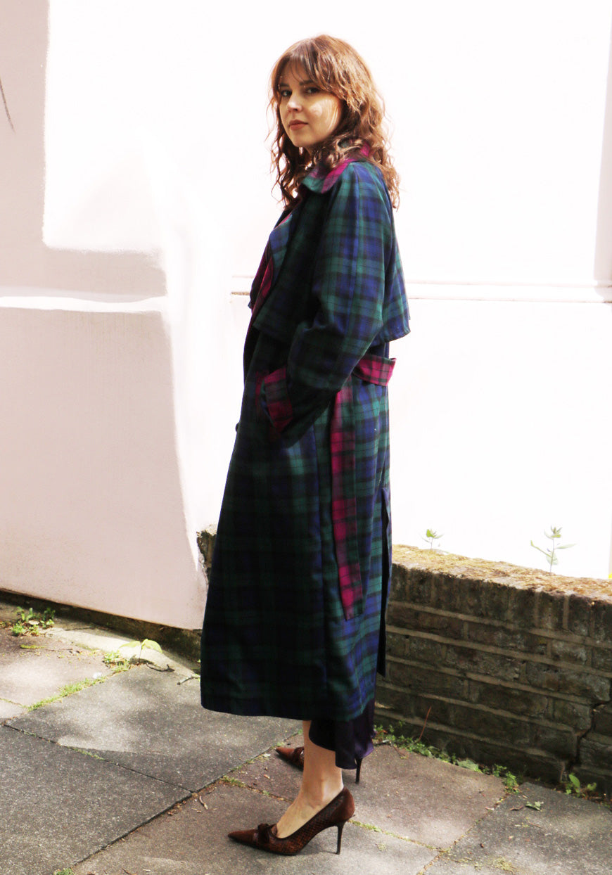 cotton green & purple check pattern trench coat