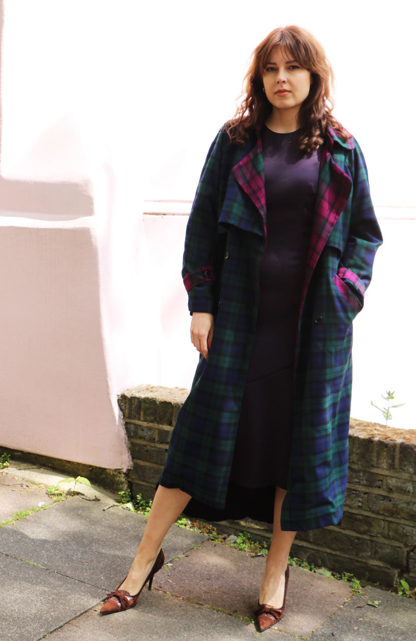 cotton green & purple check pattern trench coat 