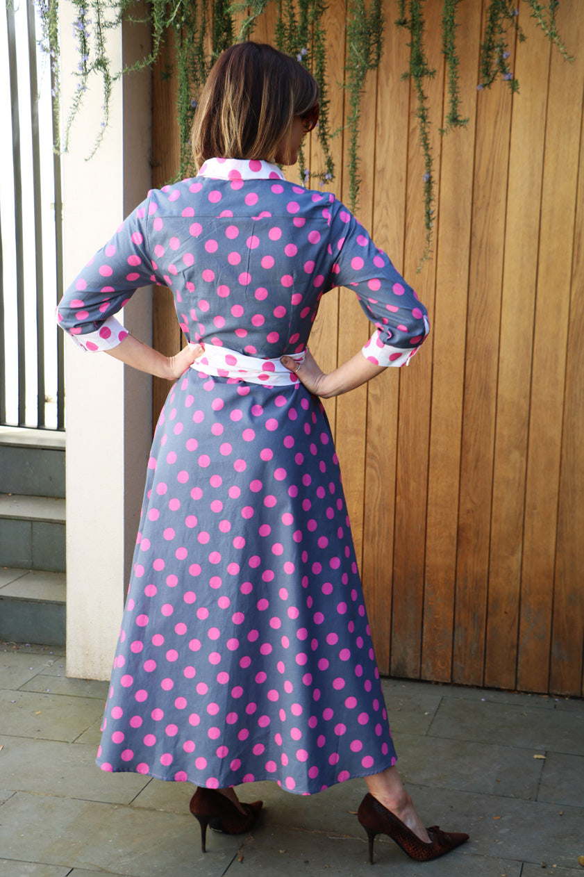 grey and pink polka dot shirt dress with wrap belt 