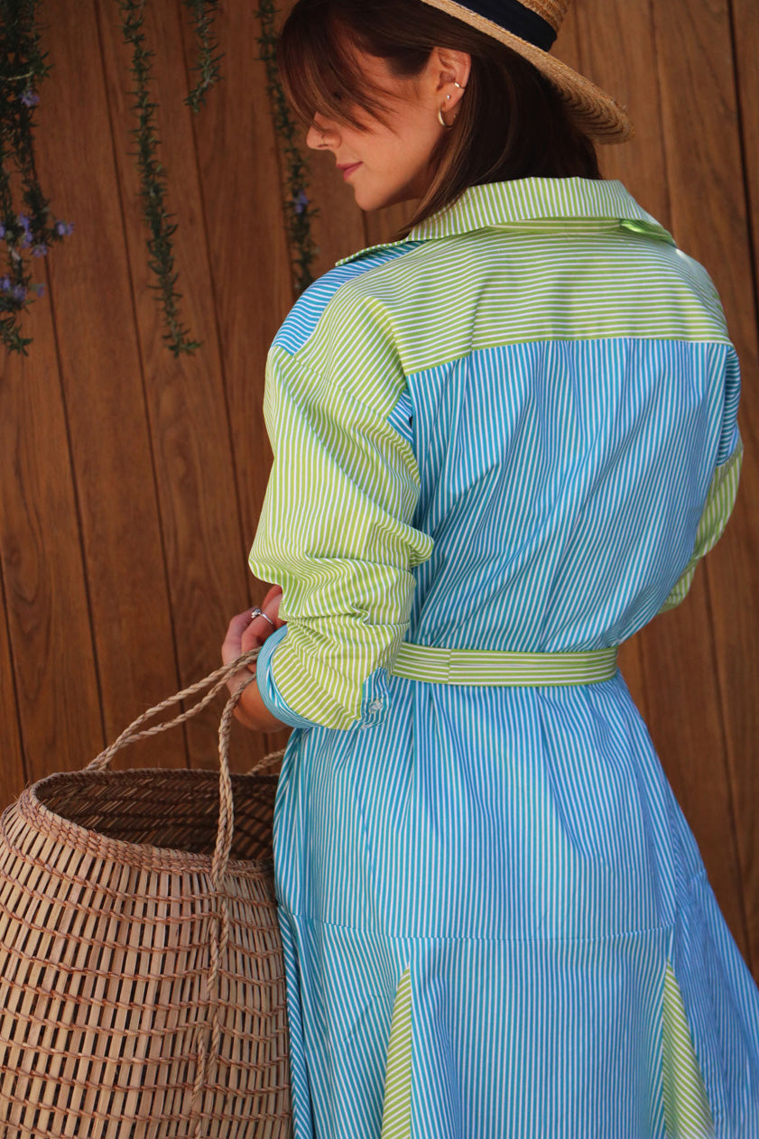 teal and lime striped pattern drop waist shirt dress