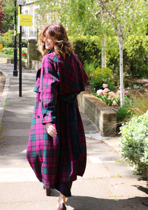 cotton purple & green check pattern trench coat 