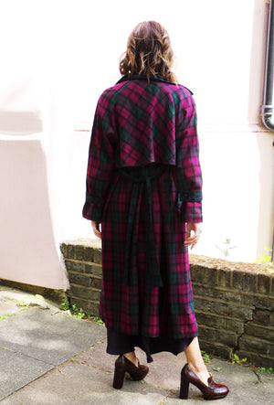 cotton purple & green check pattern trench coat 