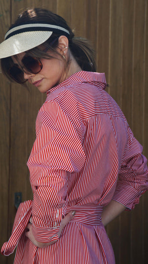 red striped pattern drop waist shirt dress 