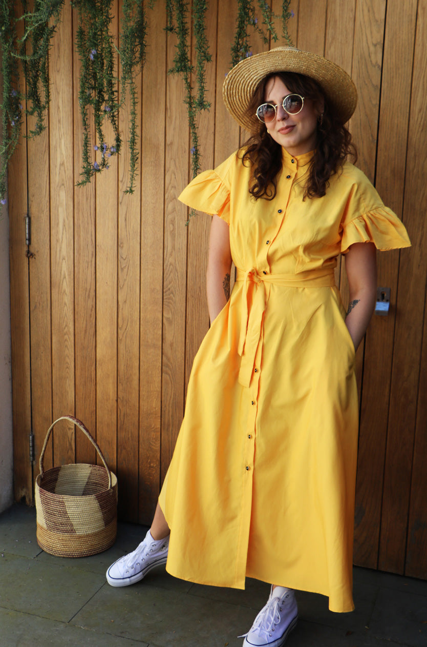 sunshine yellow shirt dress with frill sleeves