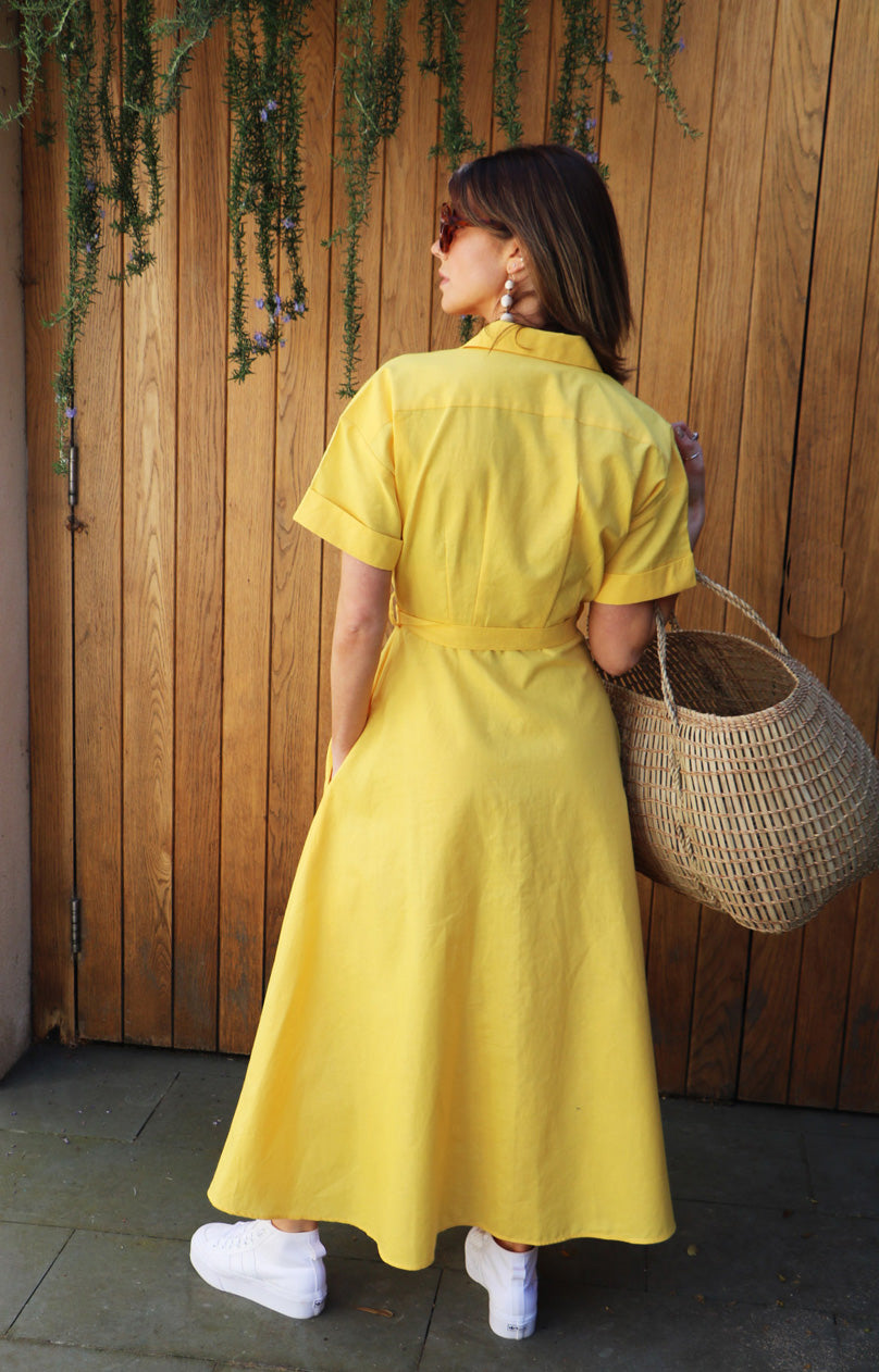 yellow button down dress Neah Fitted top combined with a layered mid Johnson Yellow Midi Shirt Dress
